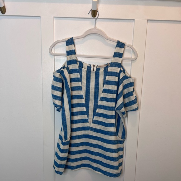 Soft Surroundings Striped Cold Shoulder Linen Tunic Top Petite XS Blue - Picture 4 of 10